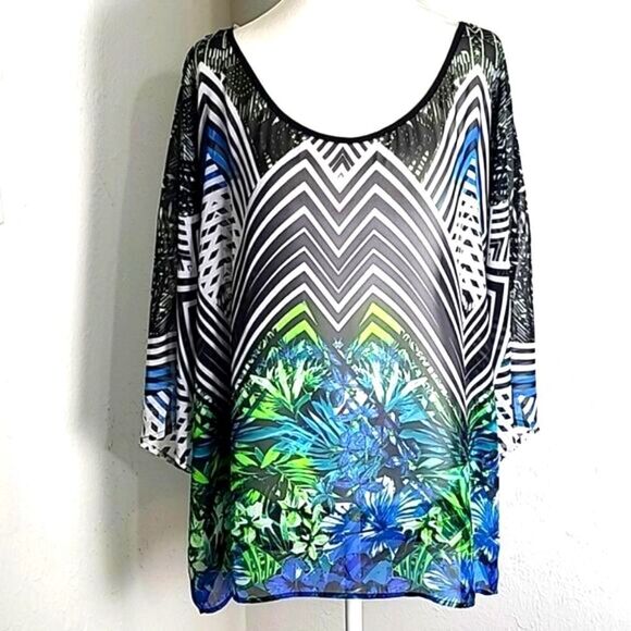 Bisou Bisou Kimono Sleeve Top, Black & White with Green & Blue Floral, Size 2X - Picture 1 of 8